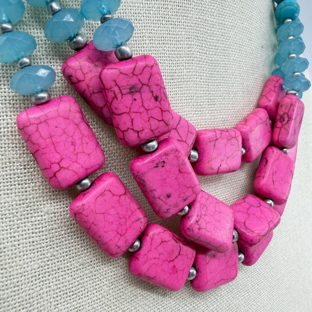 Hot Pink Turquoise Blue Bead Triple Strand Necklace Chunky Boho Statement Gift